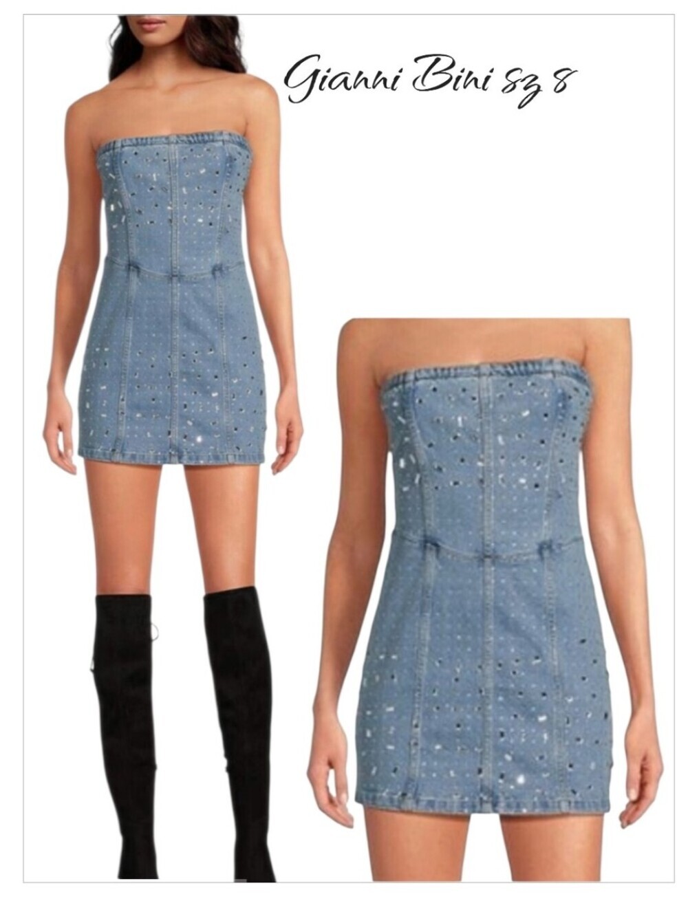 Gianni Bini Strapless Denim Rhinestone Mini Dress Size 8 Light Wash Sparkle NWT